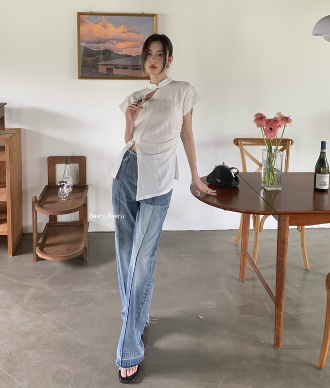 [best u] fashionable straight leg Korean jeans with rough edges 60093# LSW