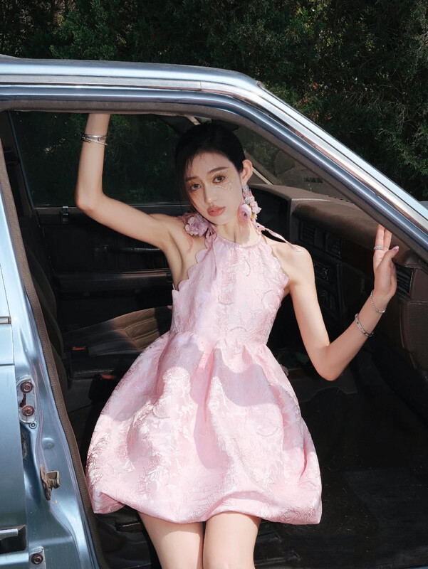 [Alala emelia] niche design jacquard craft flower bud high waist dress l1566a# JJ