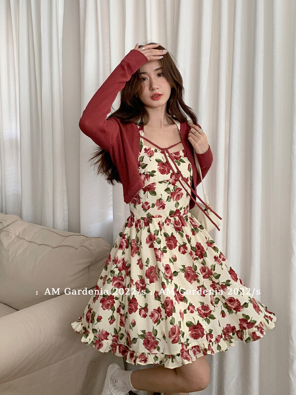 [am Gardenia] solid color versatile knitted cardigan + Korean version waist closing thin backless dress set 3806# zxx