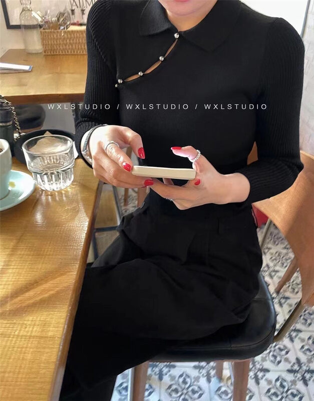 [MS studio] slim nail bead hollowed out knitted shirt 09036\pcz