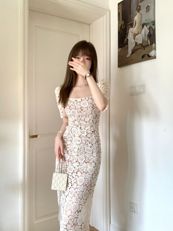[Alala emelia] French style square collar water-soluble lace Rhinestone dress (hollow color matching flowers) l1726c\jhy