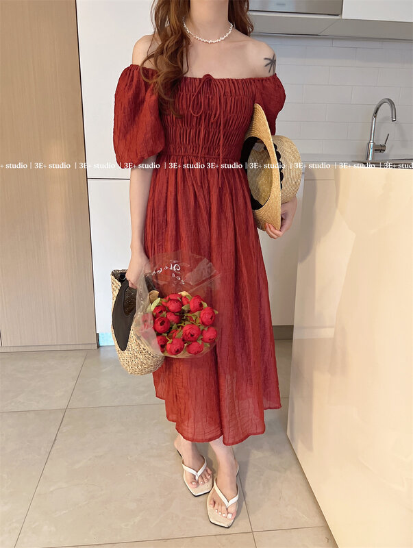 [3e+] lady style square neck Lantern Sleeve crimp design dress 98917 \ll