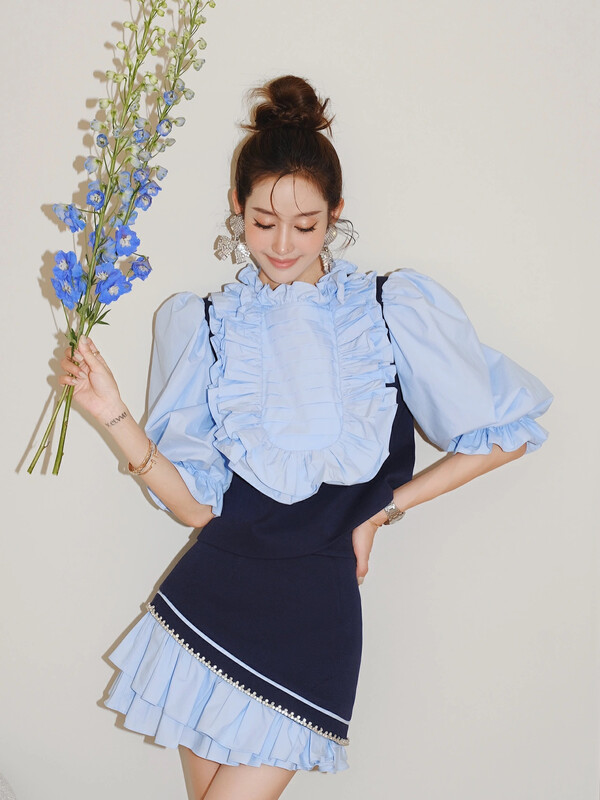 [Alala emelia] European Court Style Bubble Sleeve lace set craft chain Ruffle splice t1509a