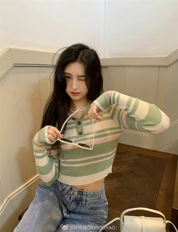 New year in early spring! [MS studio] comfortable Polo neck striped tight knit long sleeve T-shirt 20101# PCZ