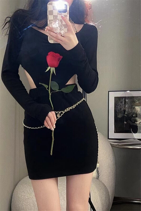 New year in early spring! [MS studio] design sense hollowed out slim slim dress (with chain) 9040-1# PCZ