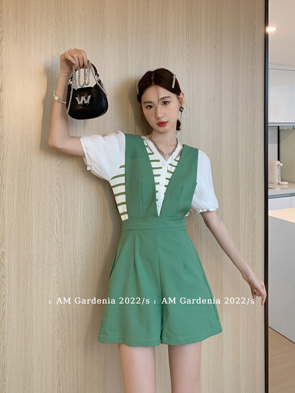 Four colors! [am Gardenia] striped V-neck short sleeve sweater + slim waist strap Pants Set 3685# zxx