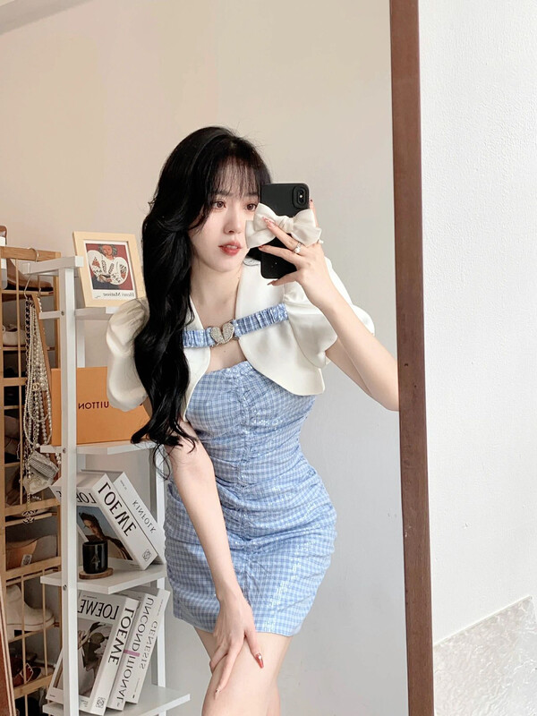 [Alala emelia] celebrity Beaded Plaid bra Skirt Set (short white small coat custom department) l1607a# JJ