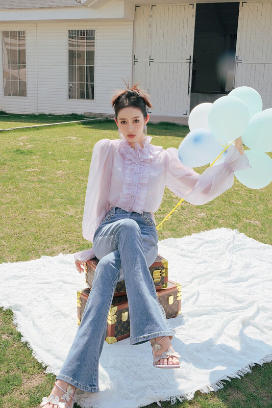 [Alala emelia] white violet fungus ruffled yarn shirt s1679# JJ