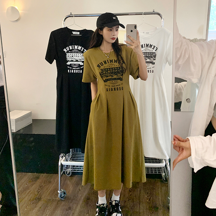 6535 cotton large women's dress American retro letter waist dress summer fat mm loose slim skirt