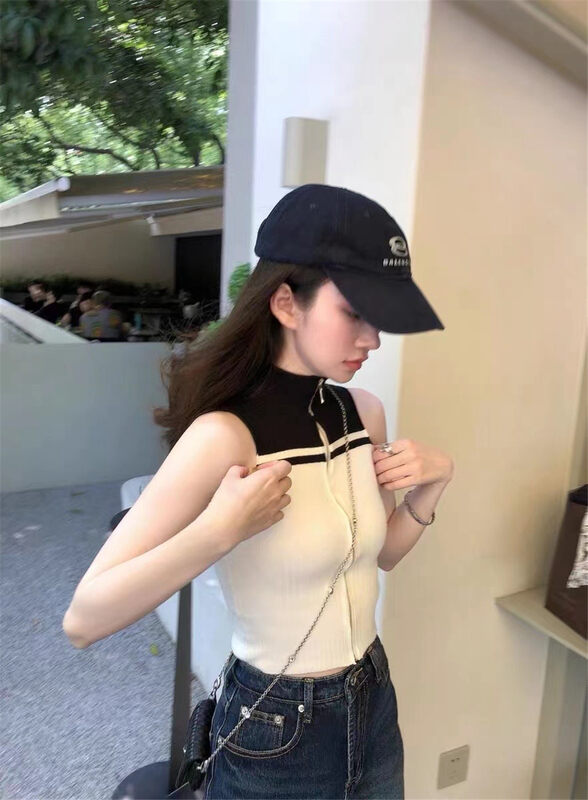 [MS studio] color blocked zipper niche T-shirt 99526# PCZ