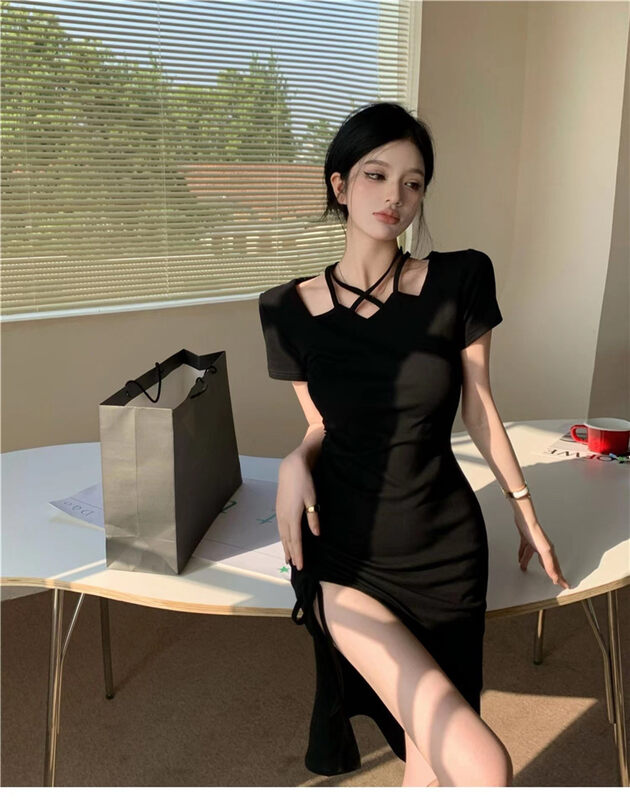 [top] square neck pleated hot girl dress 9291\zjy