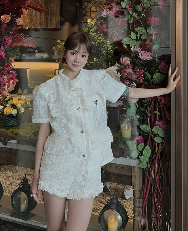 [laga] casual button up color matching blouse + comfortable and versatile casual Shorts Set 2337# JJ
