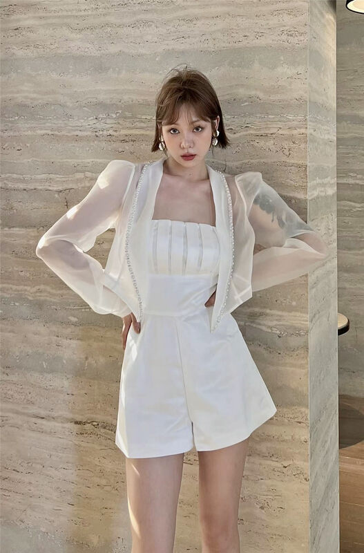 [laga] slim solid color Strapless Jumpsuit + long sleeve versatile solid color shawl set 2363# JJ