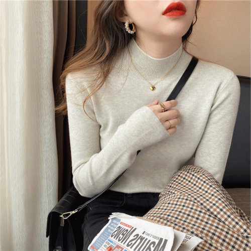 748 pile collar bottoming shirt women's autumn and winter new knitted inside with wool turtleneck sweater thickened slim top