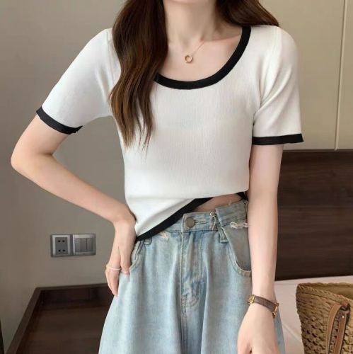 Color matching straight shoulder short sleeve T-shirt women's ins fashion summer 2022 new fashion foreign style fashionable bottoming shirt upper clothes