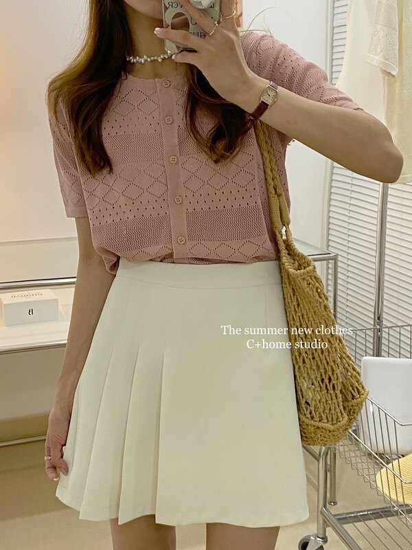 Original price 55.27! [c+home] simple solid color single breasted knitted cardigan 22250# HBx