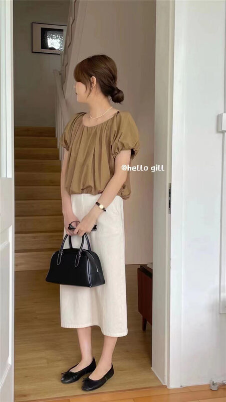 [gill] net version round neck bubble sleeve loose shirt 7065# zjy