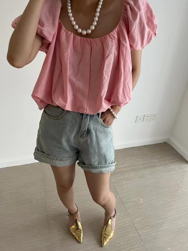 [miss coffee] square neck bubble sleeve fashion shirt 5503# XYJ