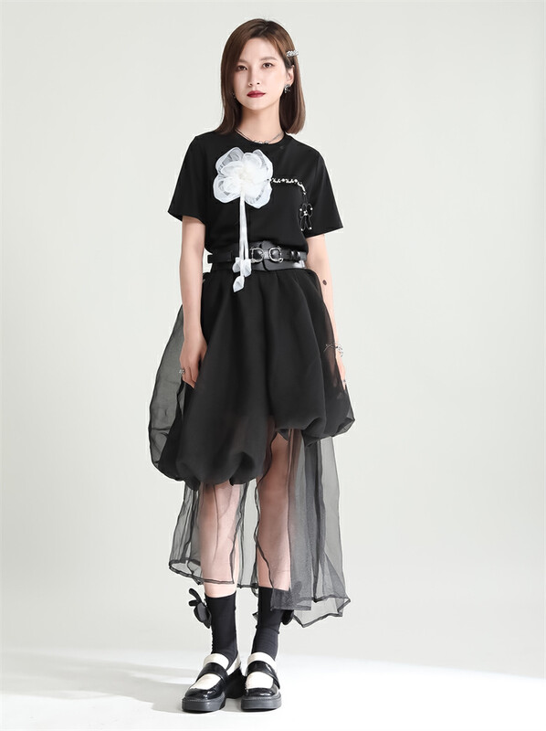 [z&c] niche design stitched flower short sleeve T-shirt (detachable with flowers) 3196# LSW