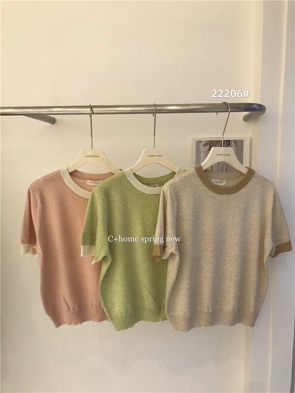 [c+home] Korean simple color contrast round neck sweater 22206 \hbx