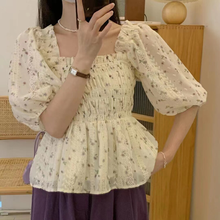 [Zoe Zoe] Korean lace small flowery pleated square collar shirt c1338\zjy