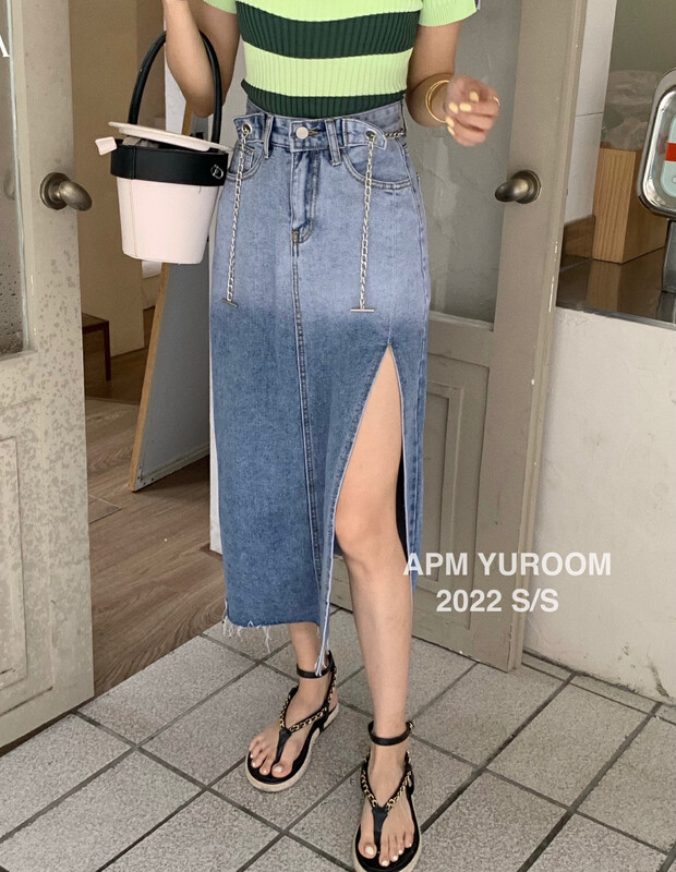 [APM yuroom] versatile high waist thin split denim skirt (with waist chain) ys2-8130\lsl