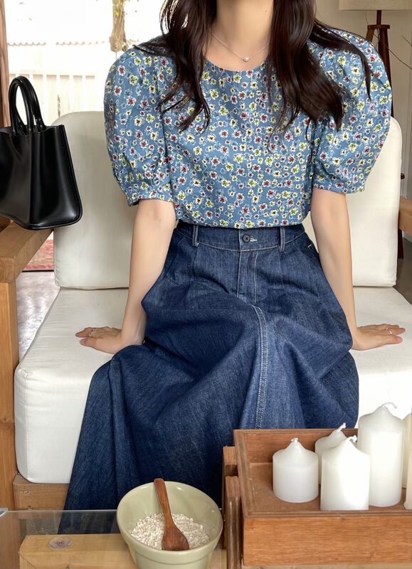 [mm.c] Korean version ins Style Floral bubble short sleeved shirt 25925 # XJ