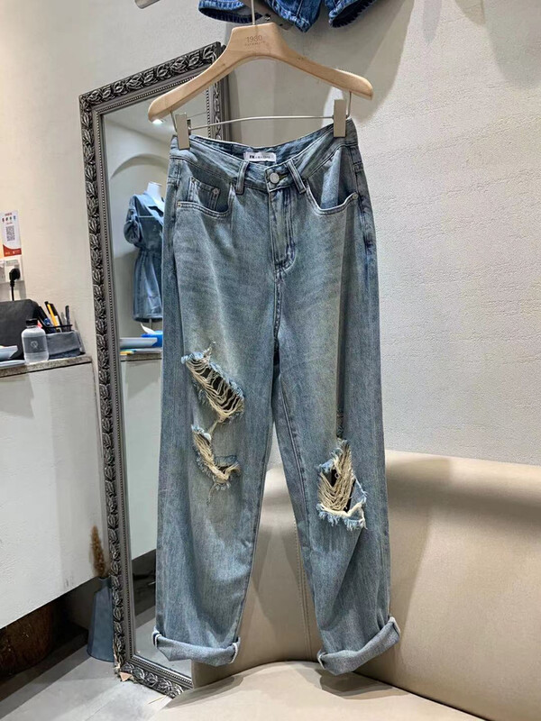 [rj1980] Korean fashionable rotten hole hanging Harlan jeans 65216# hyy