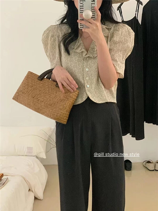 Original price 45.12! [gill] bubble sleeve floral V-neck shirt 1021 \zjy