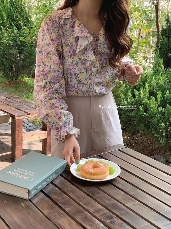 [gill] Ruffle pleated floral blouse (only selling blouses) 7015\zjy