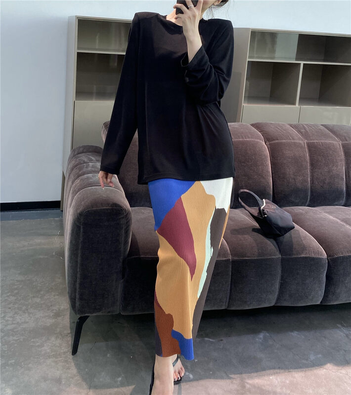 [modern 197] color blocking medium length slim skirt 7180-1# LSL