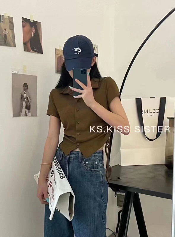 [top] breasted drawstring Spice Girl Style slim fitting short sleeve T-shirt 1108# zjy