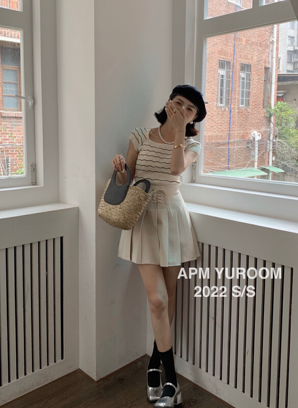 【APM YUROOM 】高腰系帶學院風壓褶半身裙  8026#  LSL