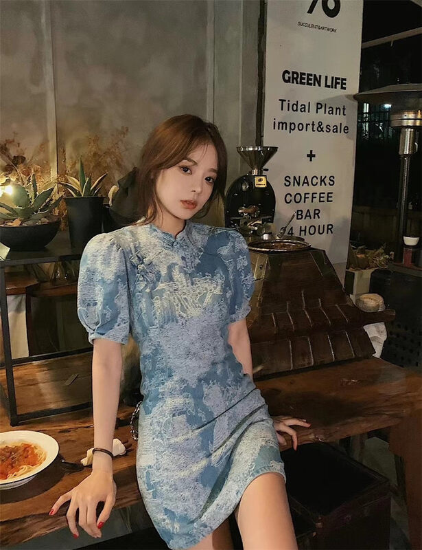 [six] elegant temperament cheongsam denim dress 6308# PCZ