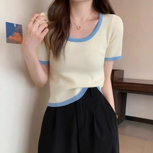 Color matching straight shoulder short sleeve T-shirt women's ins fashion summer 2022 new fashion foreign style fashionable bottoming shirt upper clothes