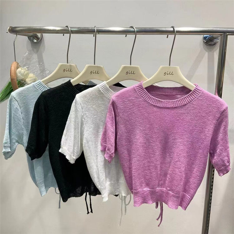 [gill] round neck back hollowed out short sleeve T-shirt 3306# zjy