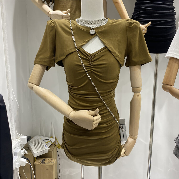 [top] short cardigan + drawstring suspender Dress Set (without bag) 1129# zjy