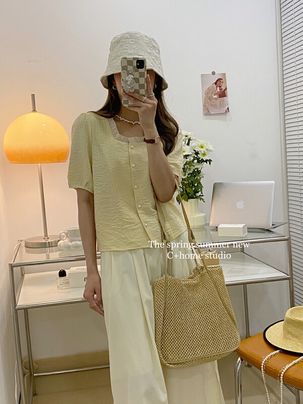 New in early summer! [c+home] Korean stitched lace Square Neck Shirt 68822 \hbx