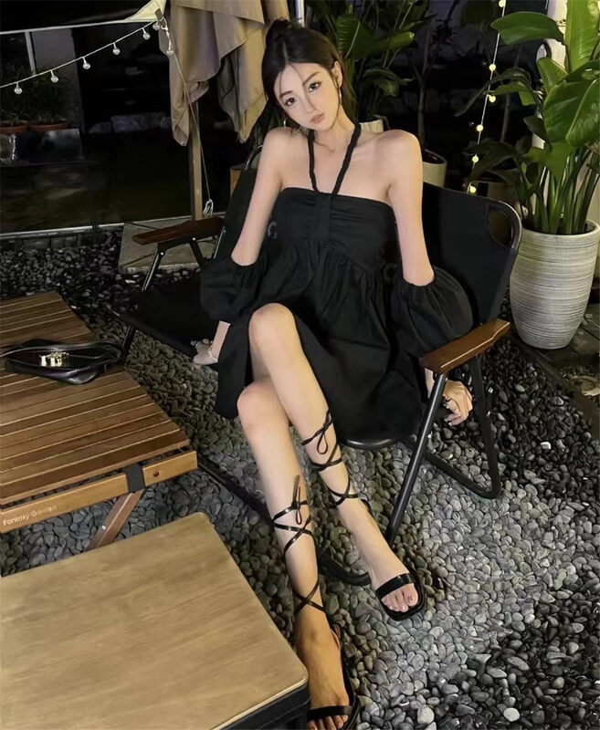 [six] hanging neck sexy versatile dress (with detachable sleeves) 6348# PCZ