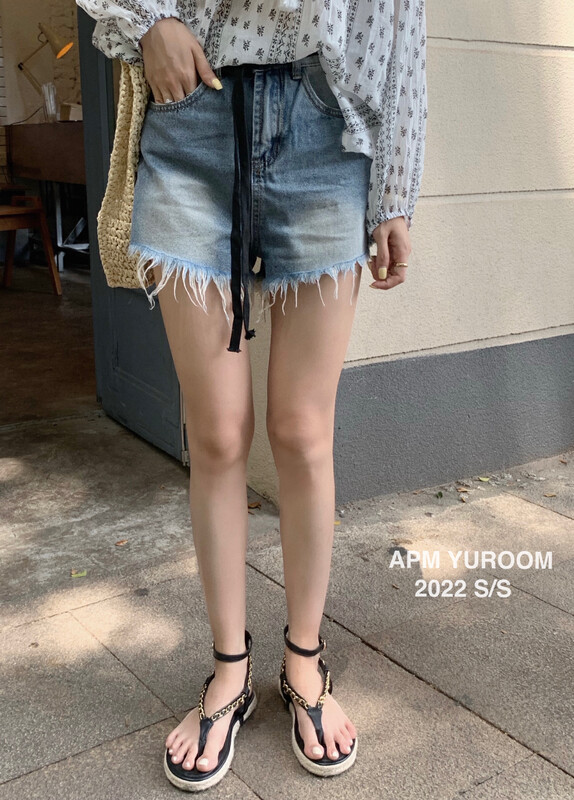 [APM yuroom] New Korean versatile high waist thin denim shorts (with waist rope) ys1-8129\lsl