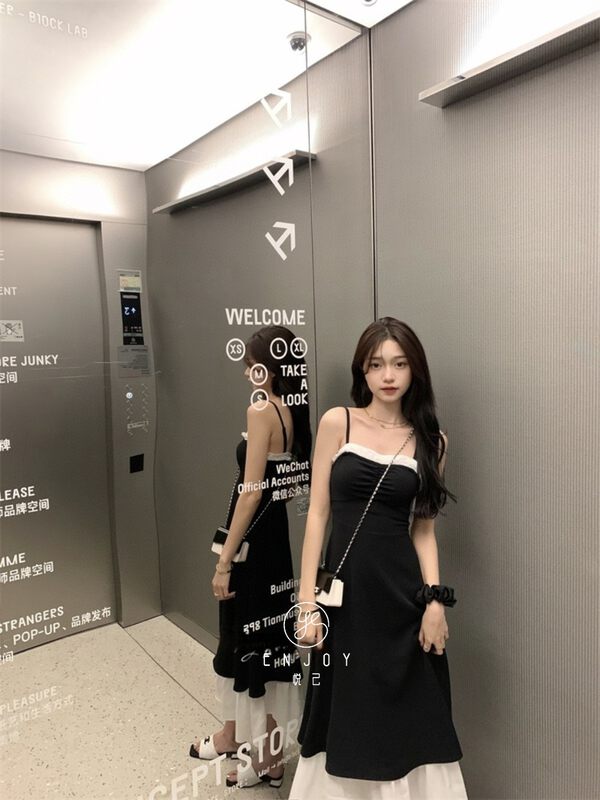 [enjoy · Yueji] temperament contrast lace waist strap dress (with detachable shoulder strap) 9058# PCZ