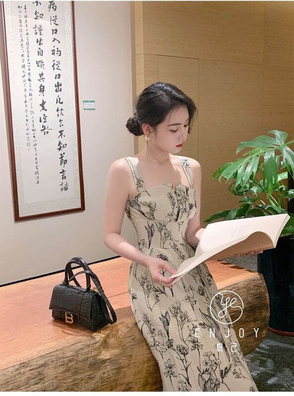[enjoy · Yueji] new national style printed suspender dress 8977# PCZ