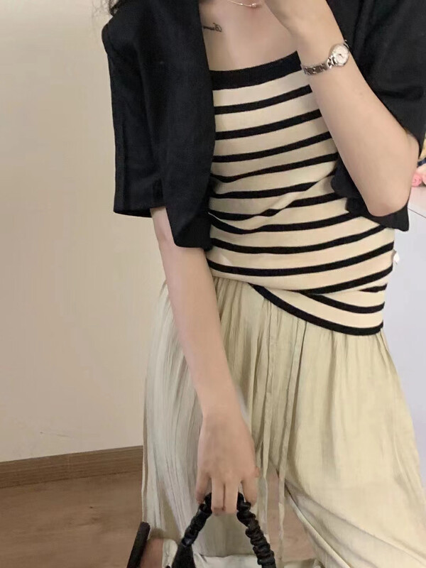 [Zoe Zoe] Korean simple coat + striped suspender Vest + loose wide leg casual pants set m217\zjy