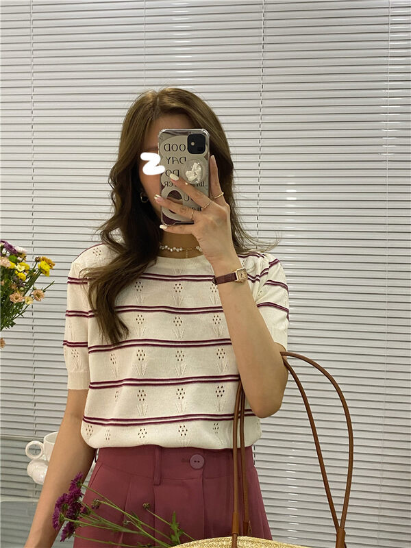 Original price 56.40! [c+home] Korean version simple and thin round neck striped sweater 22255# HBx