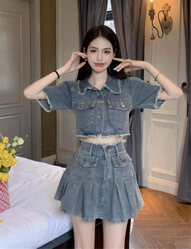 [Nana] short sleeve button up jacket + high waist denim Korean skirt set 1015# PCZ