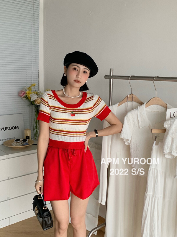 [APM yuroom] New Korean aged cherry striped shirt 22257 \lsl