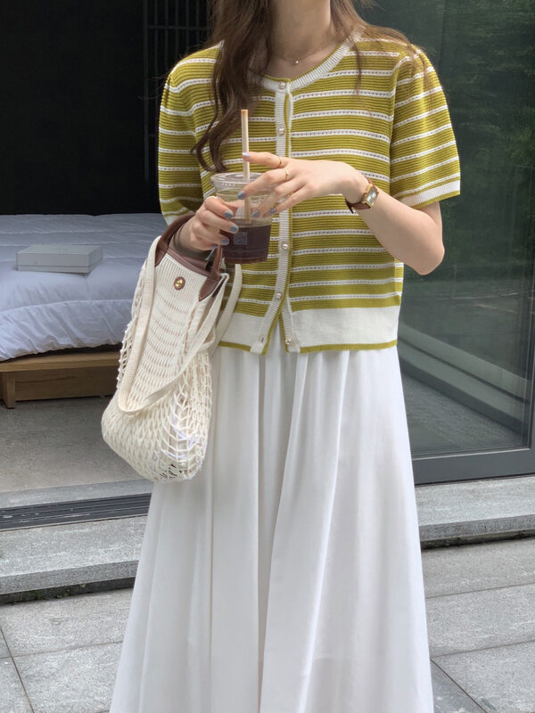 Original price 55.27! [c+home] round neck striped single breasted knitted cardigan 88012 \hbx