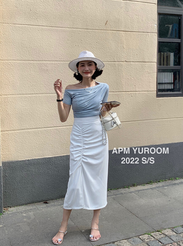 [APM yuroom] temperament wrinkled diagonal shoulder short sleeve T-shirt ys1-8095# LSL