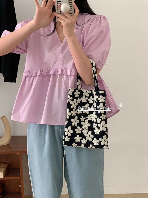 Original price 48.50! [gill] V-neck loose shirt with wood ear edge 7028# zjy