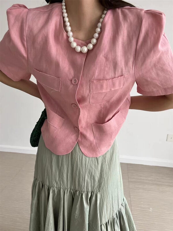 [miss coffee] round neck single breasted fashion small fragrance short coat (excluding necklace) 6878# XYJ